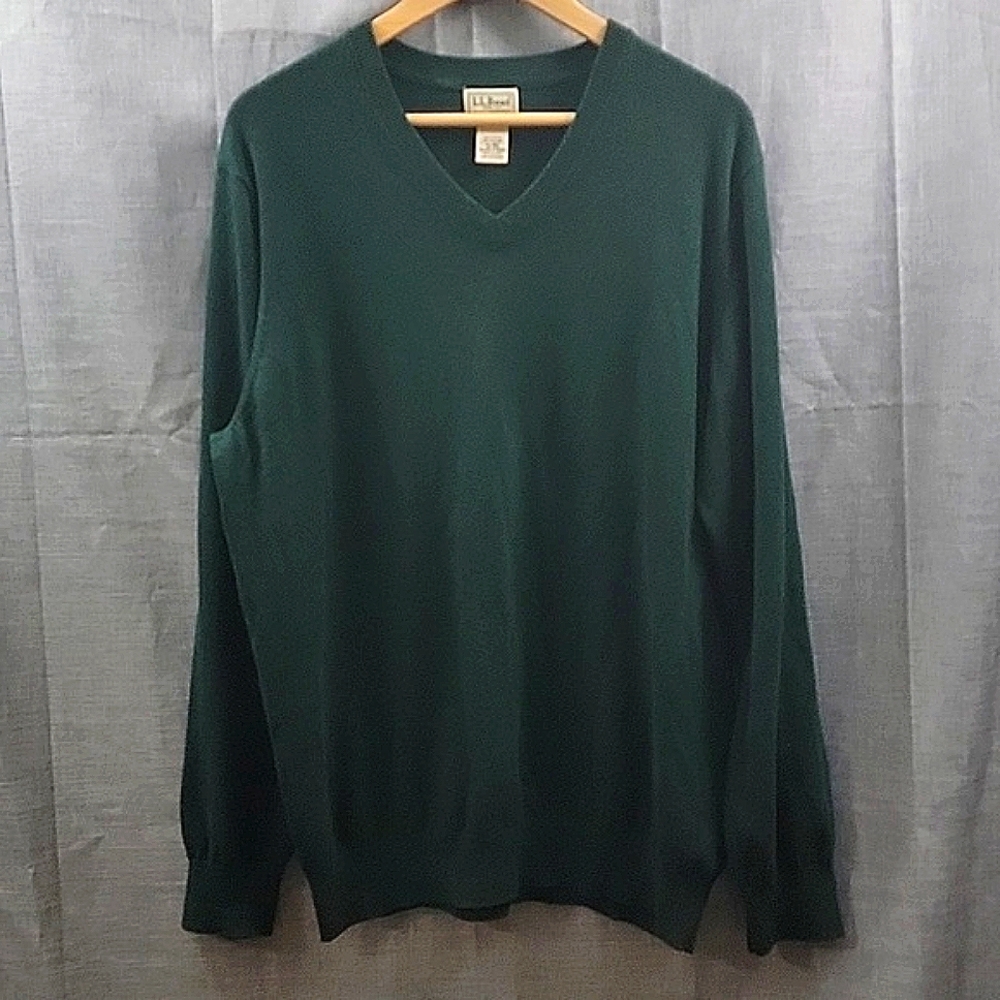 LL Bean Cashmere Cotton Blend Hunter Green V Neck Sweater Men's XL